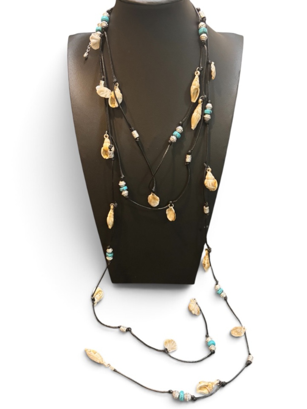 Layered Shell & Turquoise Bead Necklace - Black Cord NWOT